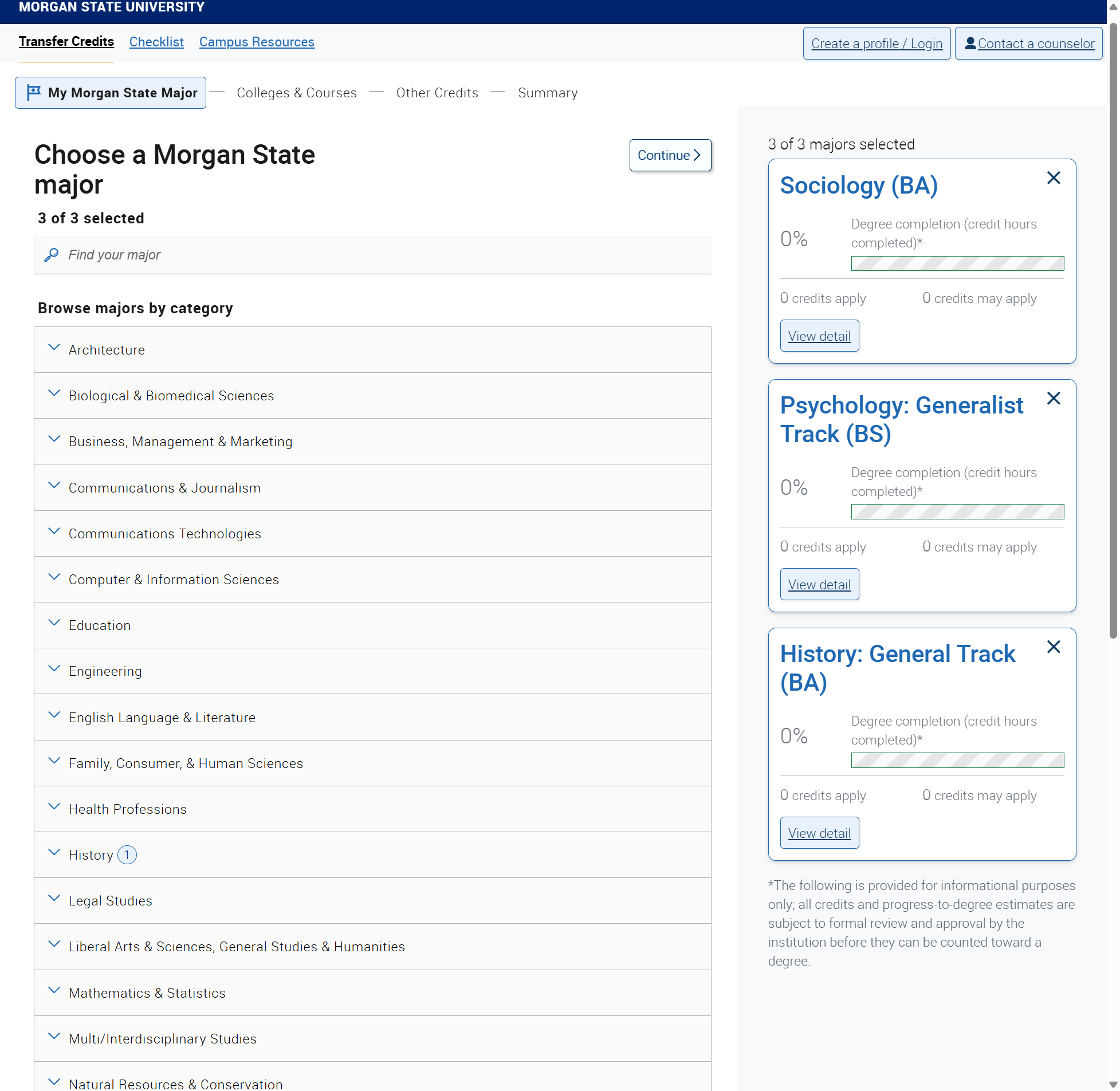 Click on conitnue after selecting intended Majors.