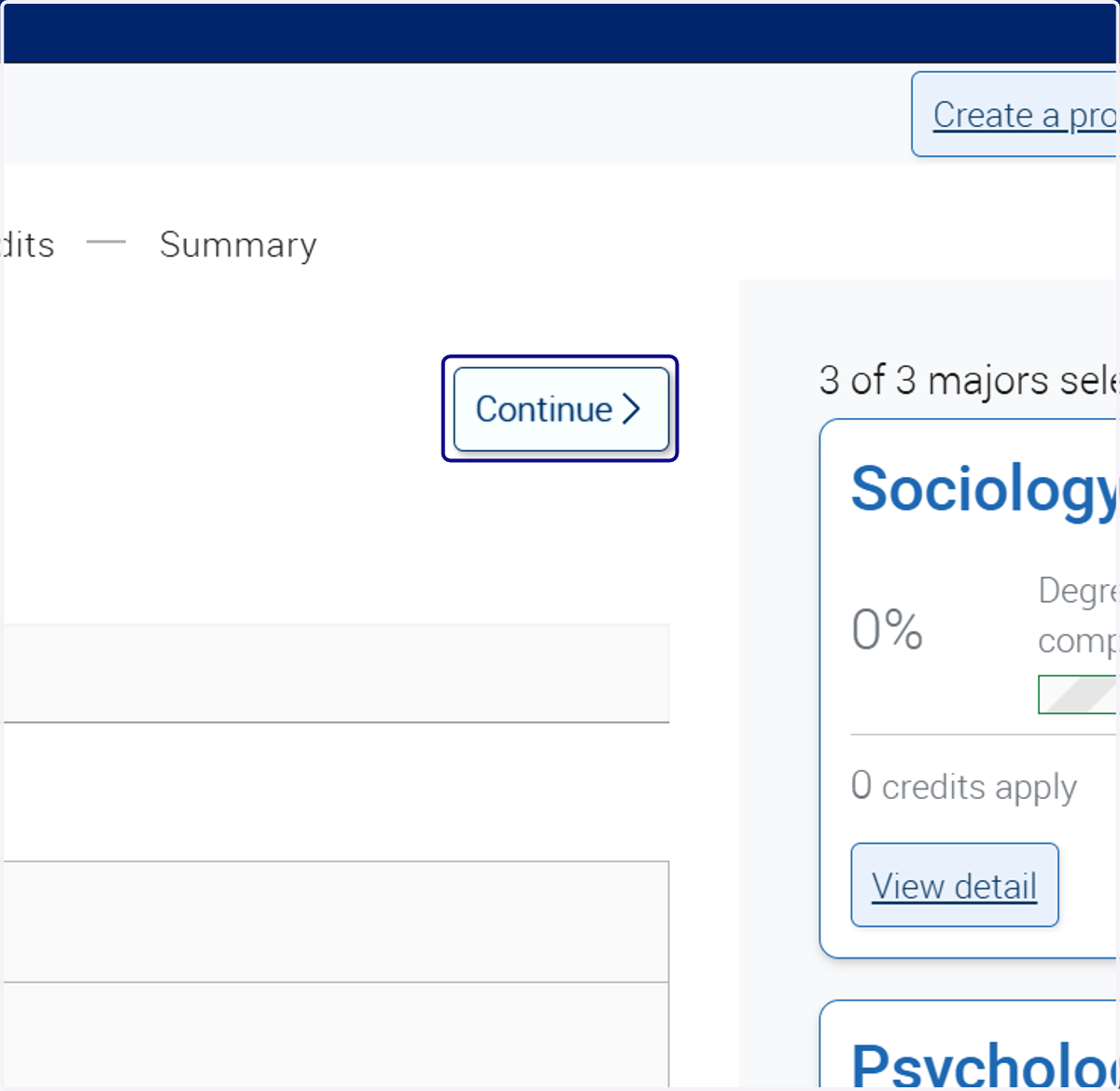 Click on conitnue after selecting intended Majors.
