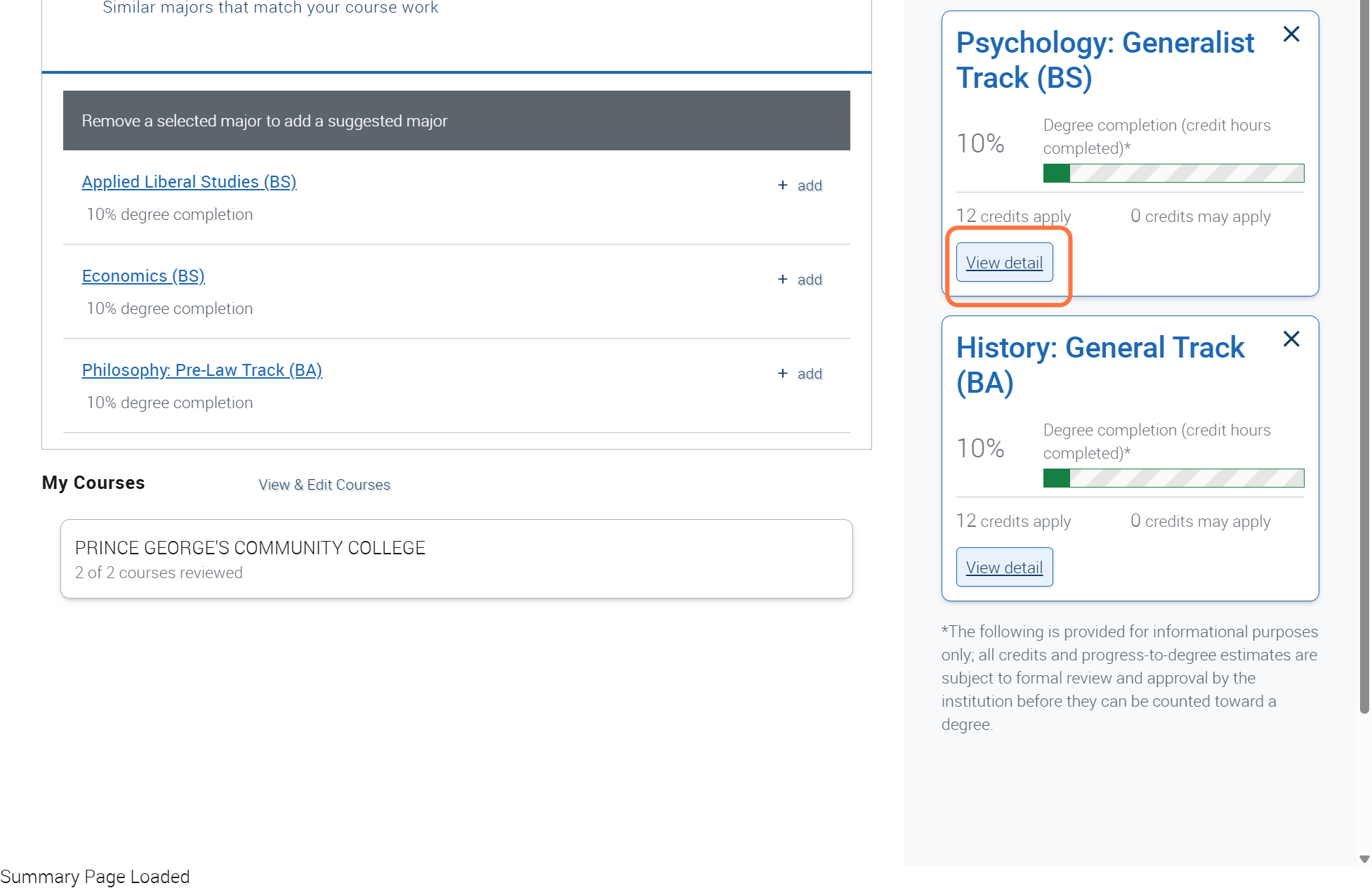 View your selected majors and click on "view detail".