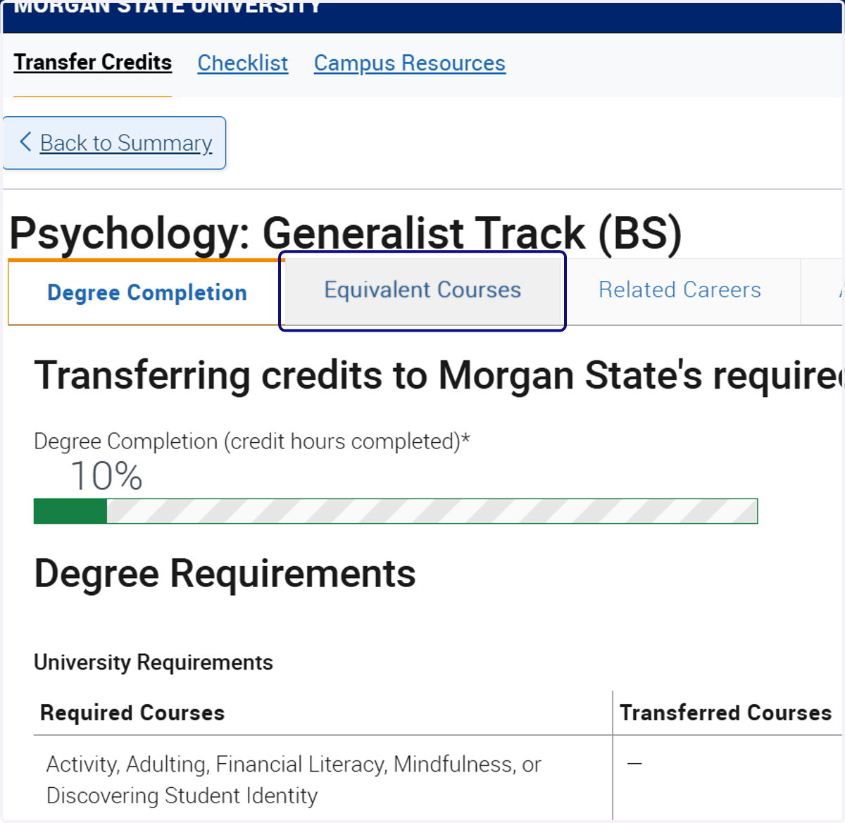 Click on Equivalent Courses to see transferred courses.