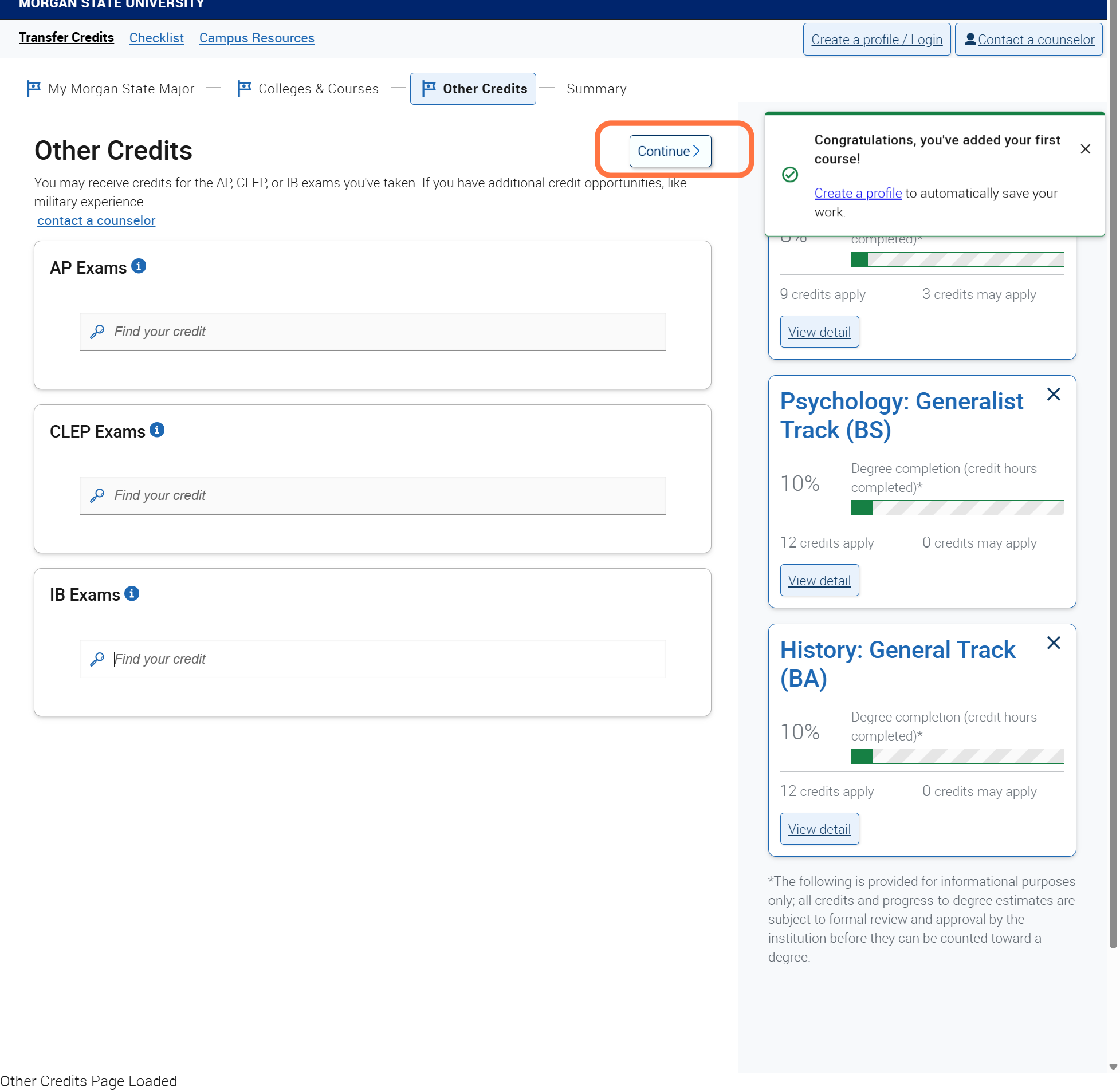 Select continue to move to the summary.