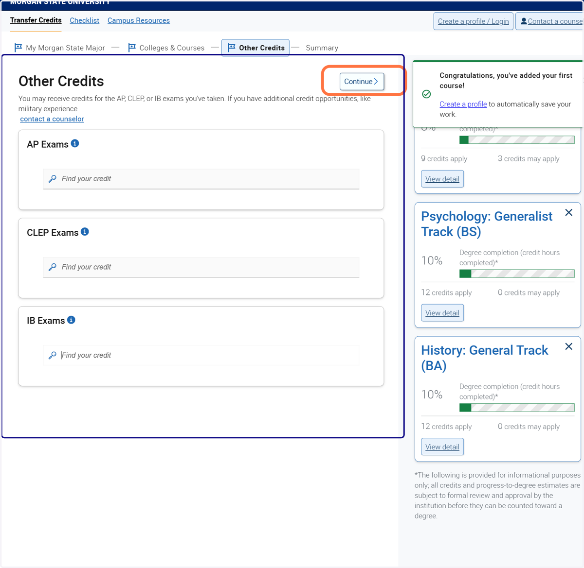 Select continue to move to the summary.