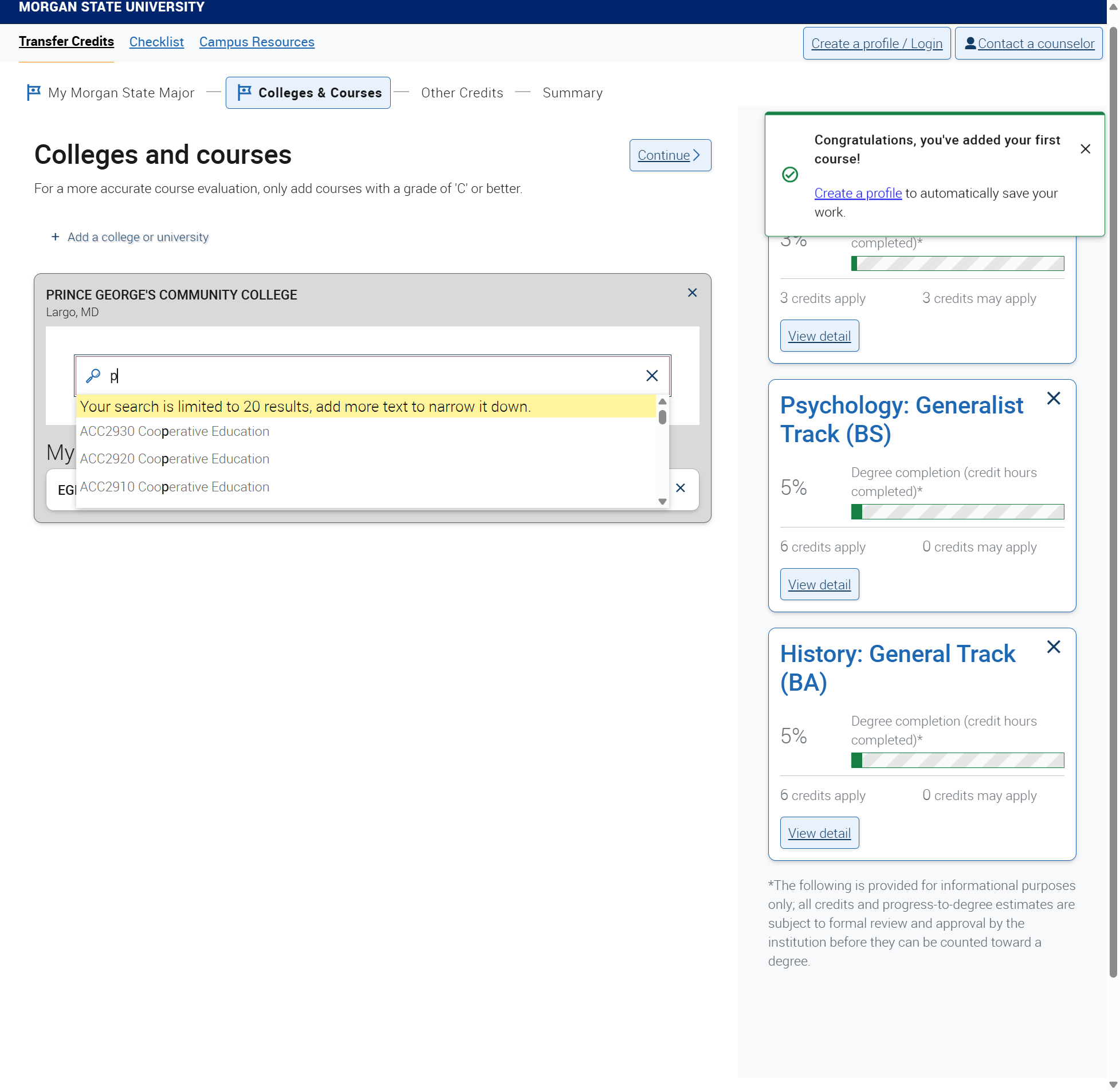 Repeat the steps to continue to add courses from your unofficial transcript.