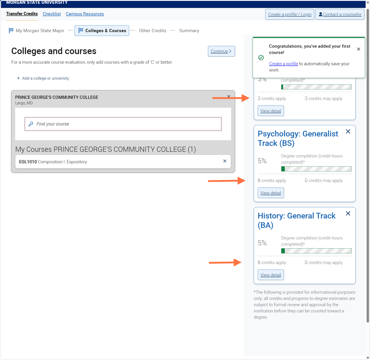 Courses that can be applied to your intended major(s) will display on the right.