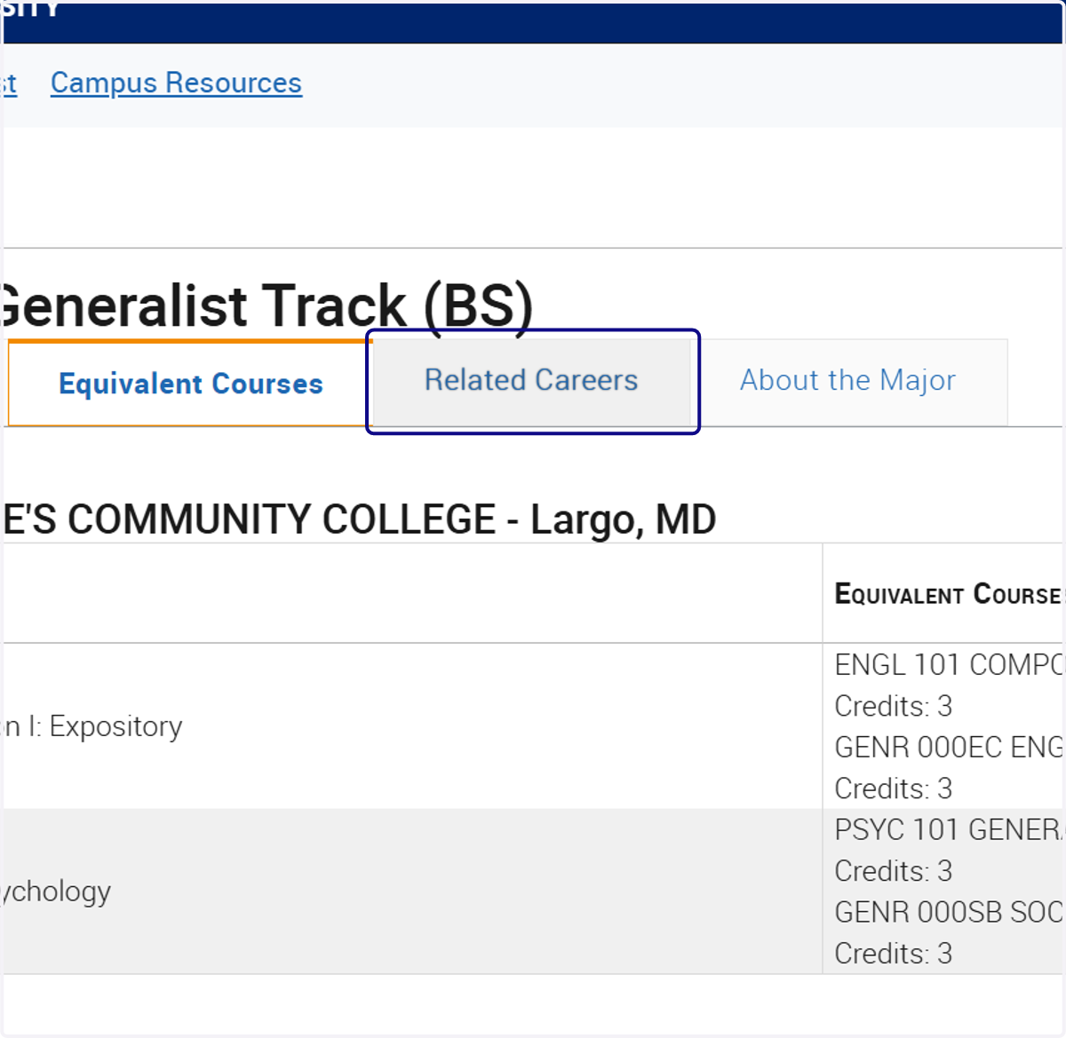 Click on Related Careers to view potential careers in your intended major(s).