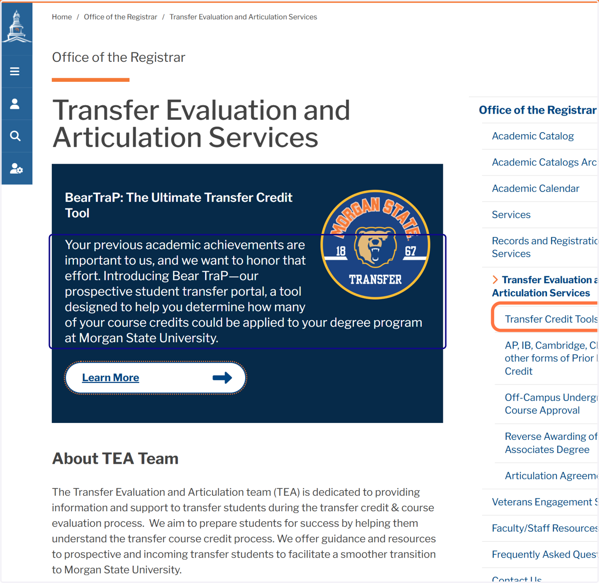 Click on "transfer Credit Tools" on the right side of the webpage.