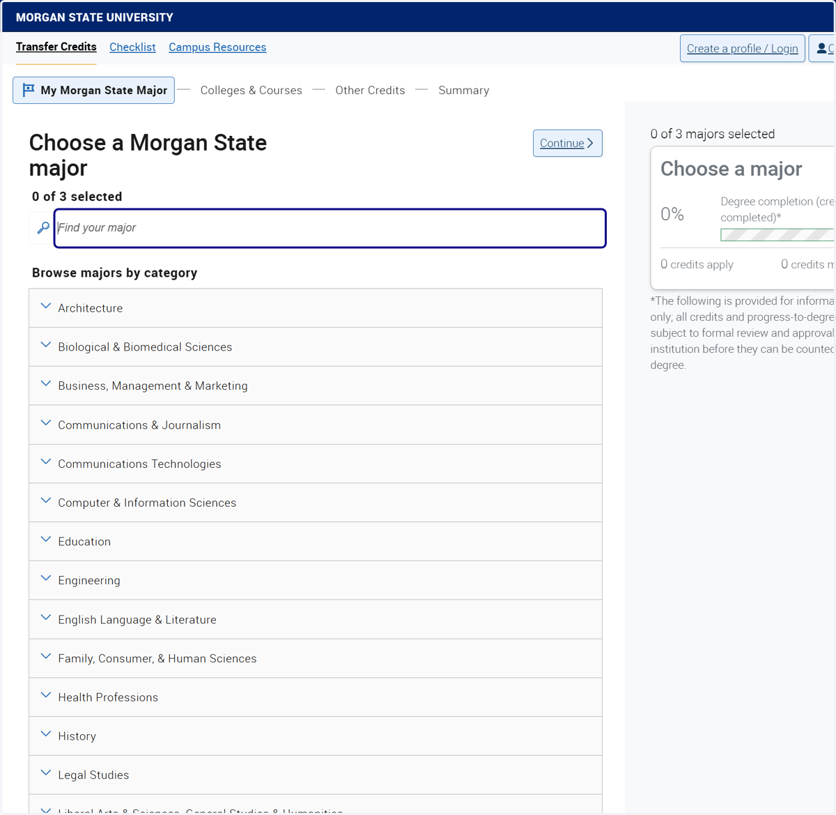Click on Find your major