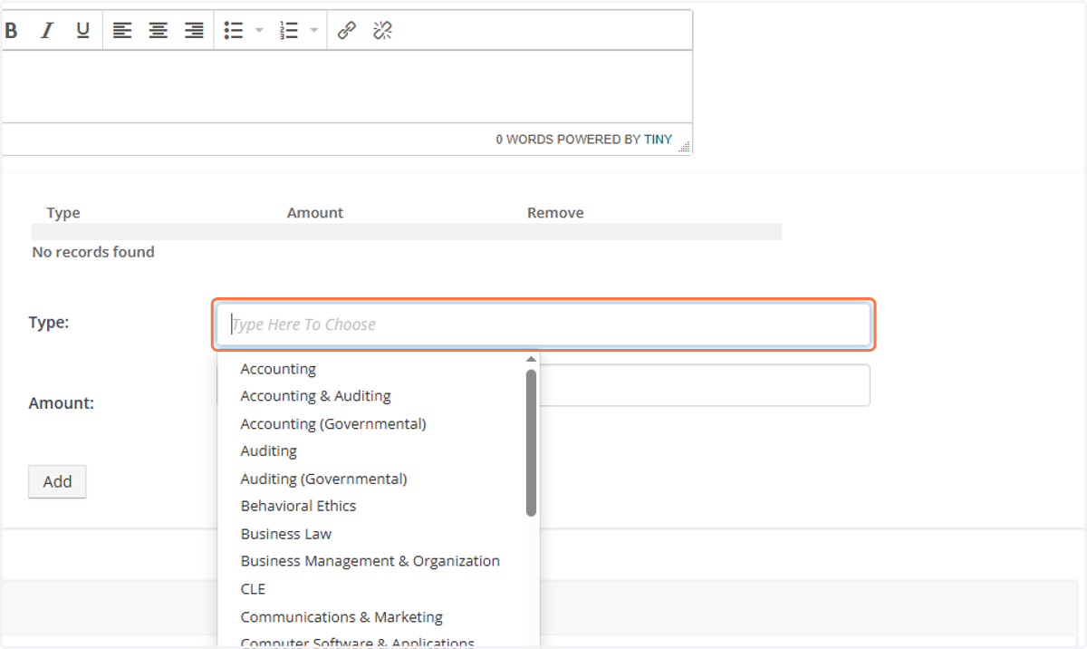 Click to start the search for the credit type.
