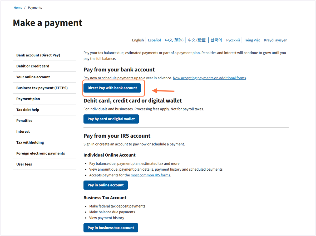 Click on Direct Pay with bank account