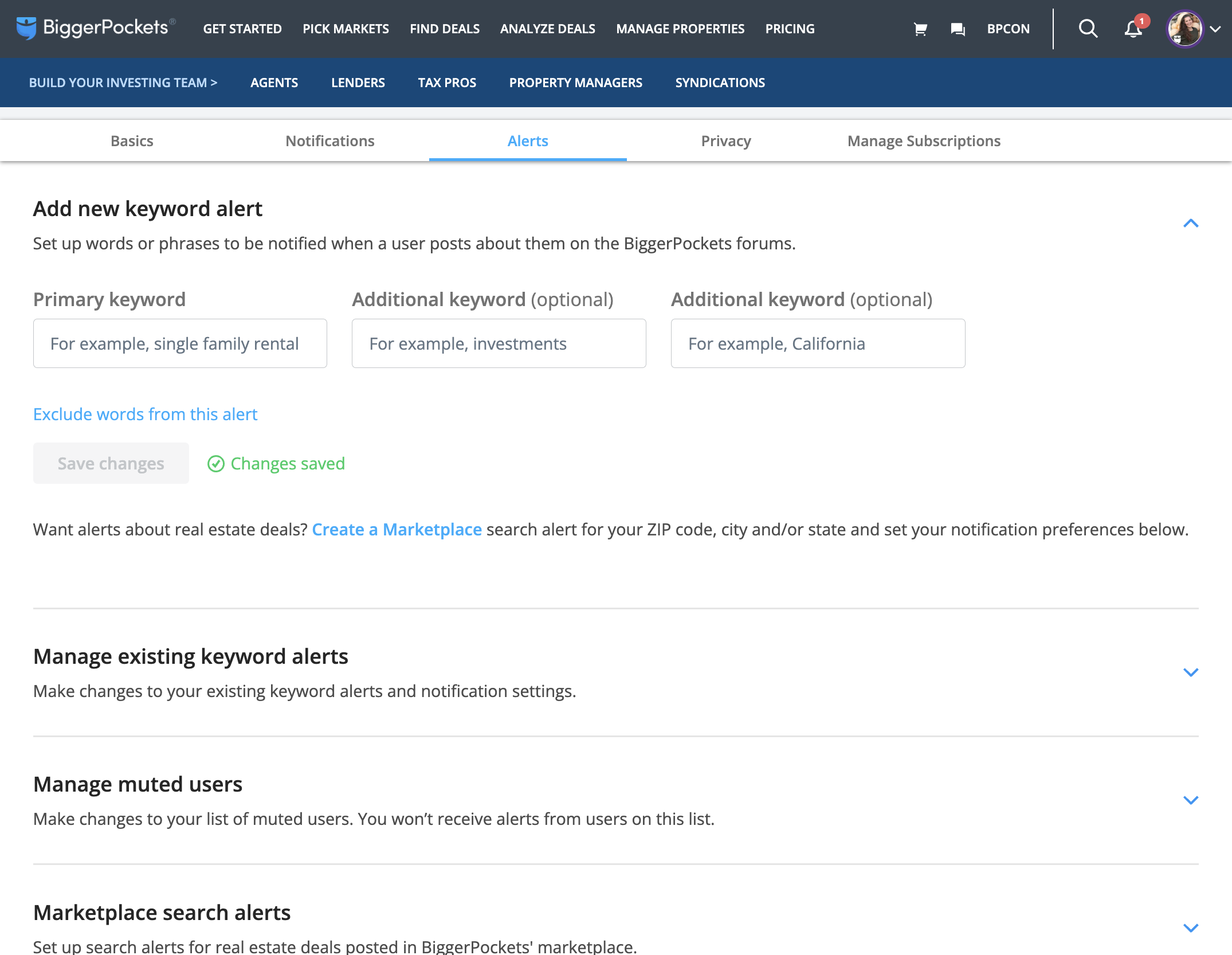 To see a list of the keywords you have set up click "Manage existing keyword alerts"