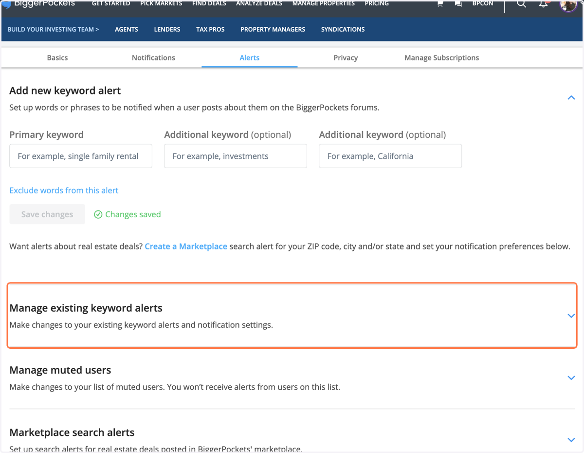 To see a list of the keywords you have set up click "Manage existing keyword alerts"