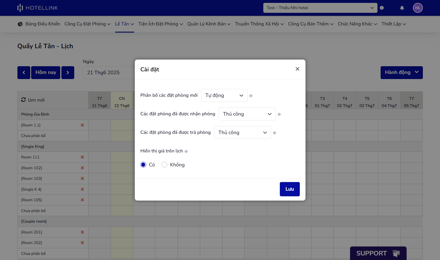 Trong mục 'Hiển thị giá trên lịch', chọn 'Có' để hiển thị giá phòng.