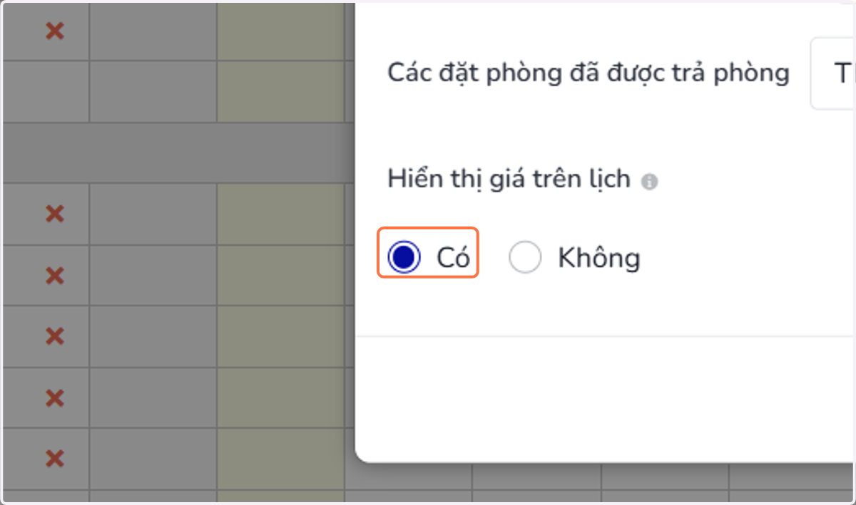 Trong mục 'Hiển thị giá trên lịch', chọn 'Có' để hiển thị giá phòng.