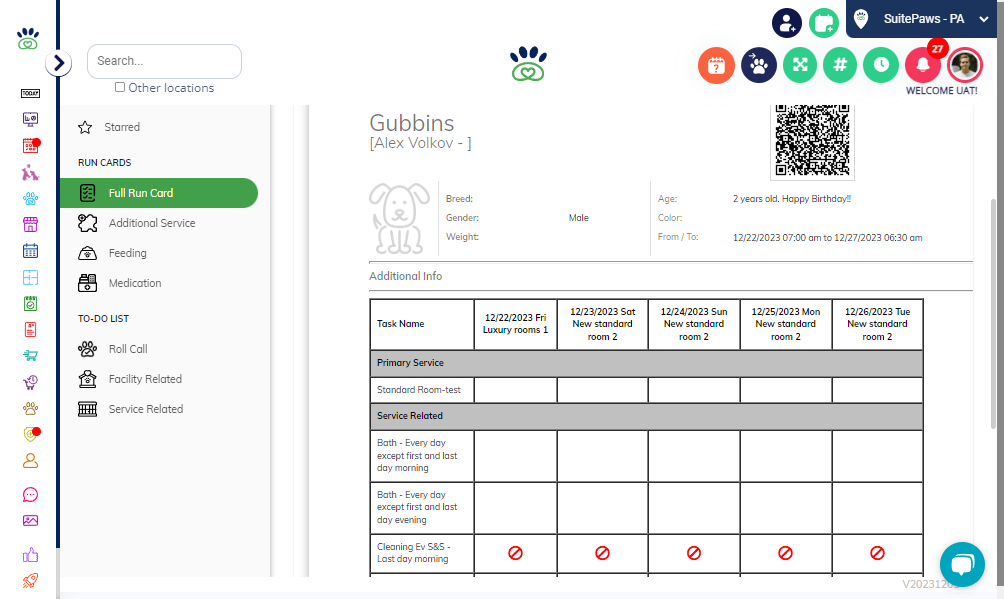 Verify that the runcard now displays the updated room for the day(s) you modified, while retaining the original room information for any days that were not changed.