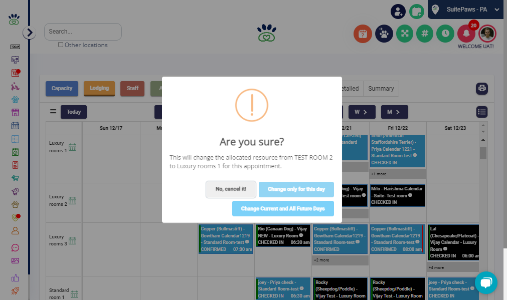 Decide whether to change the room assignment for a specific day or for all current and future days. Select the appropriate option.