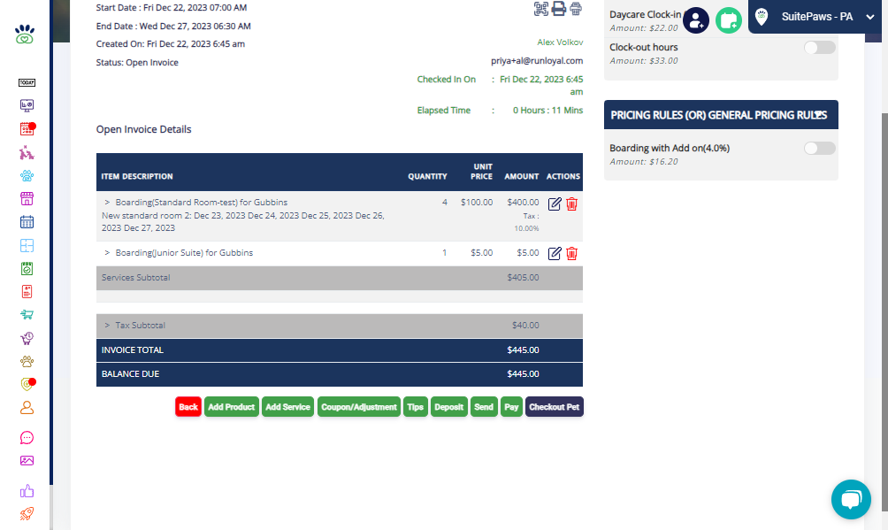 The invoice will display the updated room information, as well as any changes in quantity and amount.