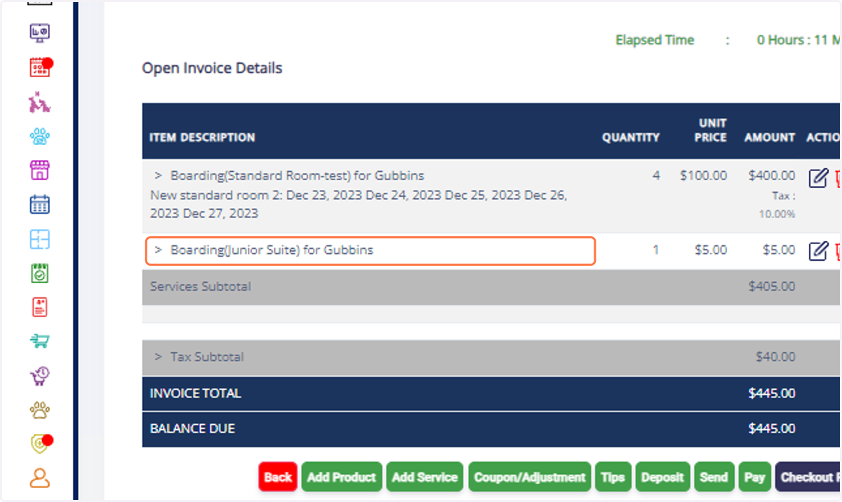 The invoice will display the updated room information, as well as any changes in quantity and amount.