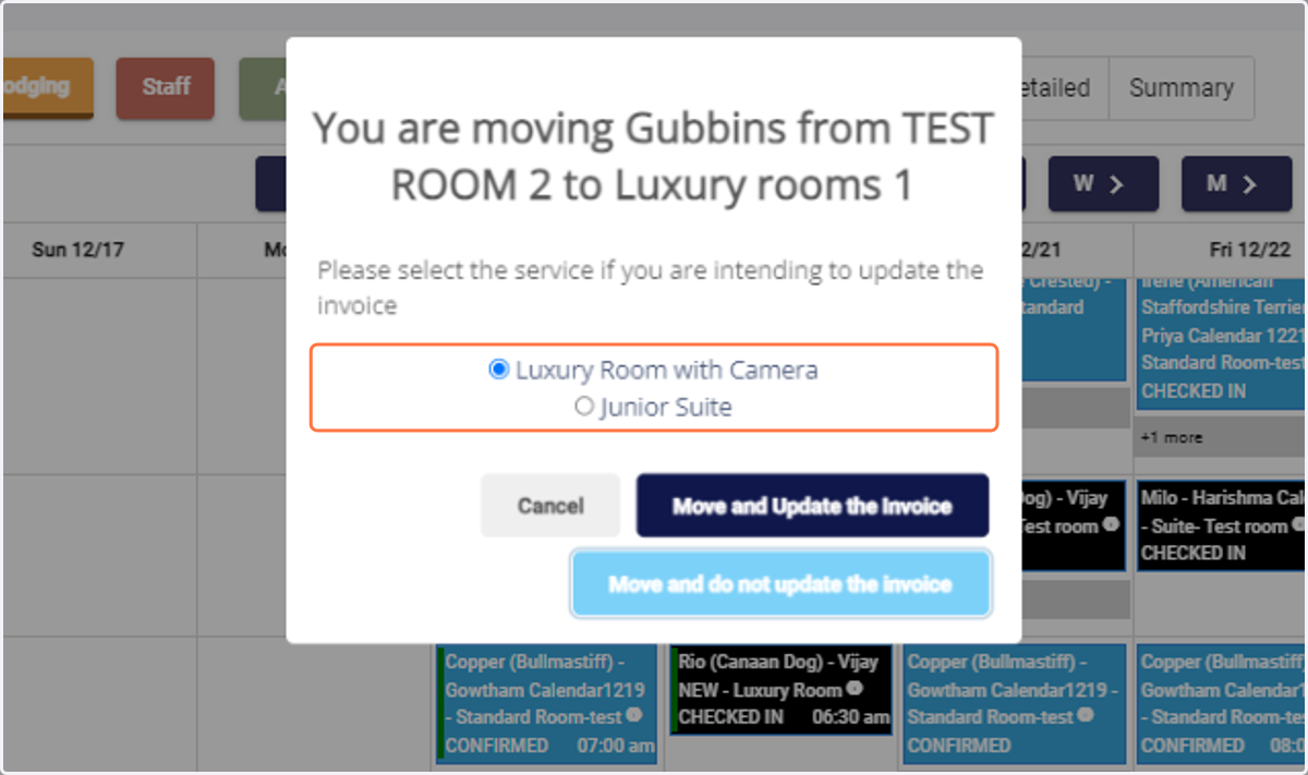If needed, adjust any services associated with the new room. Choose whether to update the invoice immediately or not to update.