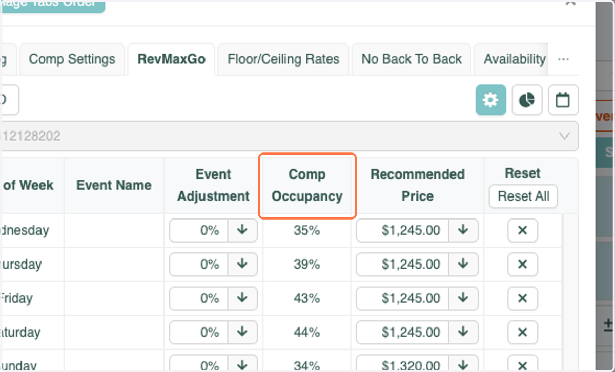From here you are able to view the Comp Occupancy. You can adjust the date range as far as 1 year out to view the Occupancy (as of today) for all dates within the next year.