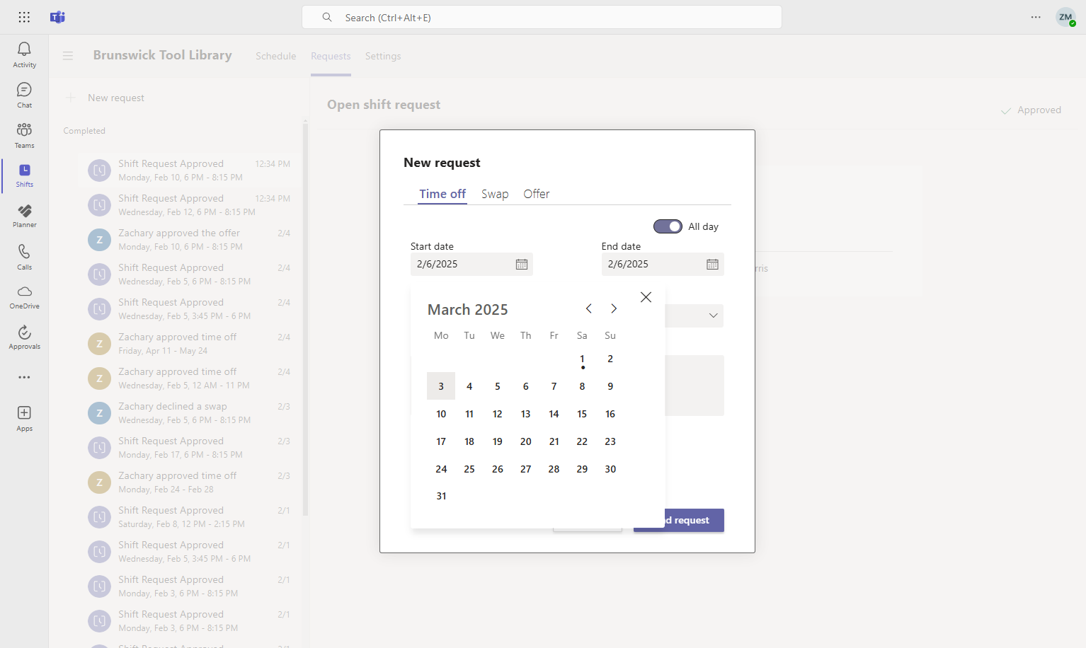 Select the desired time off start date