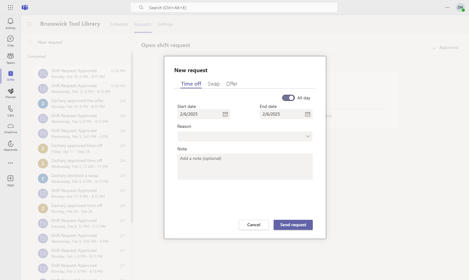 The request defaults to Time off. Click on Time off start date