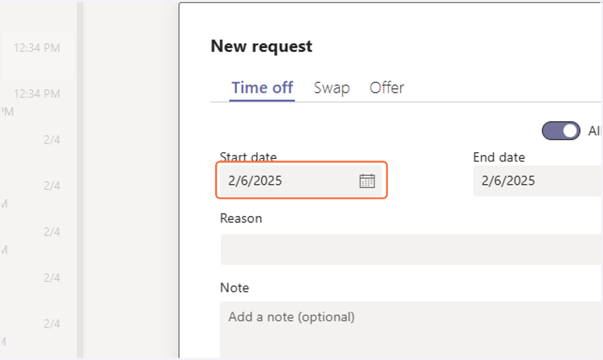The request defaults to Time off. Click on Time off start date