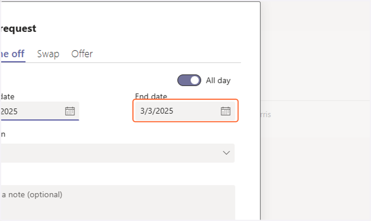 Click on Time off end date