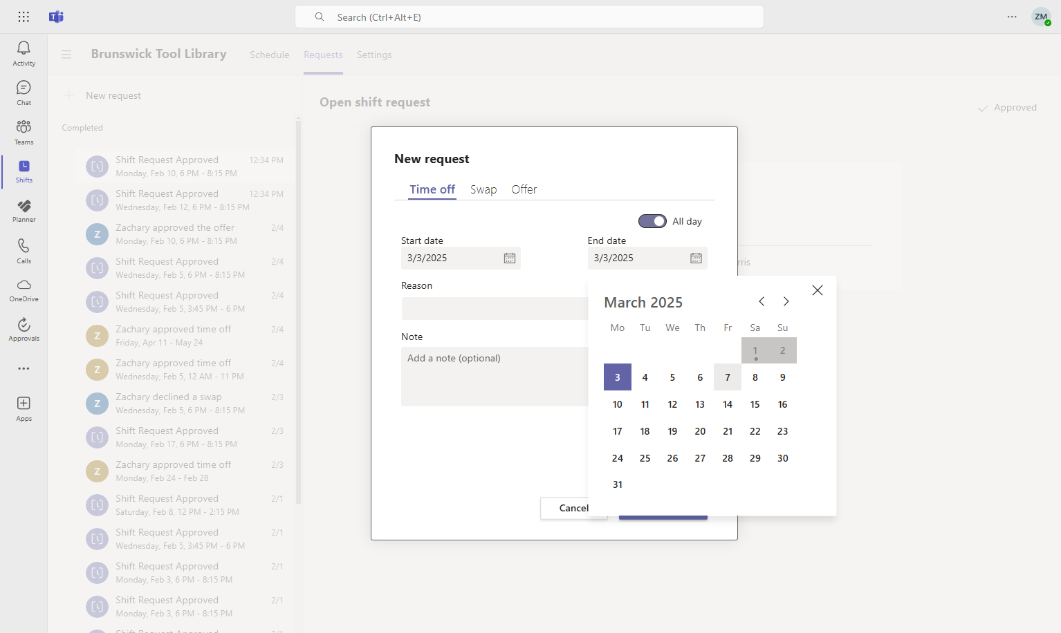 Select the desired time off end date