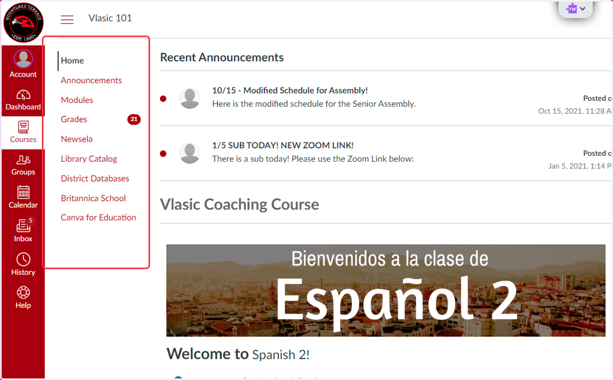 Course Home page & Course Navigation Menu