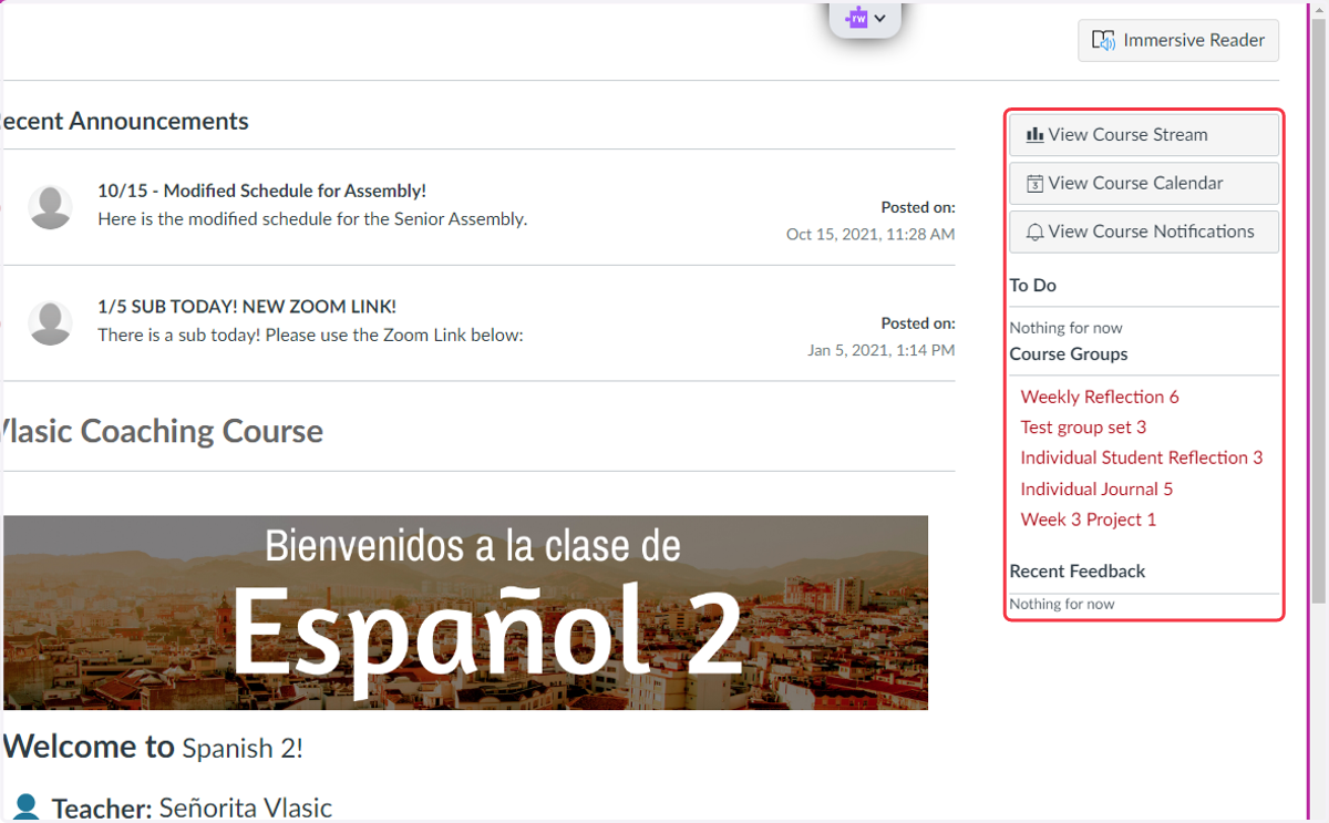 Course options menu