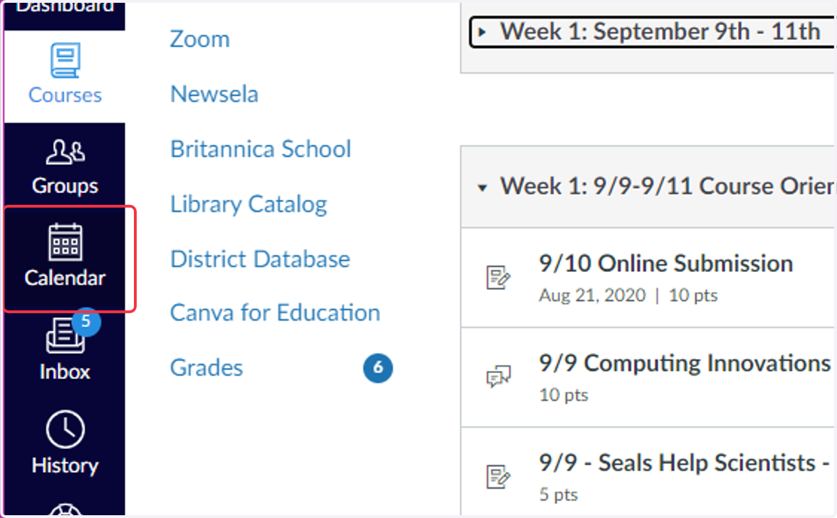 In the Canvas Navigation, click on Calendar