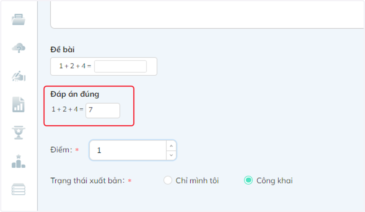 Nhập đáp án đúng vào ô trống vừa tạo
