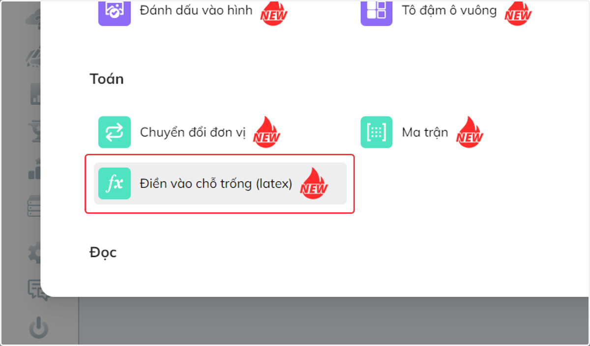 Nhấn chọn "Điền vào chỗ trống (Latex)"