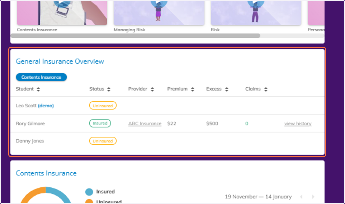 Scroll down to view the General Insurance Overview.