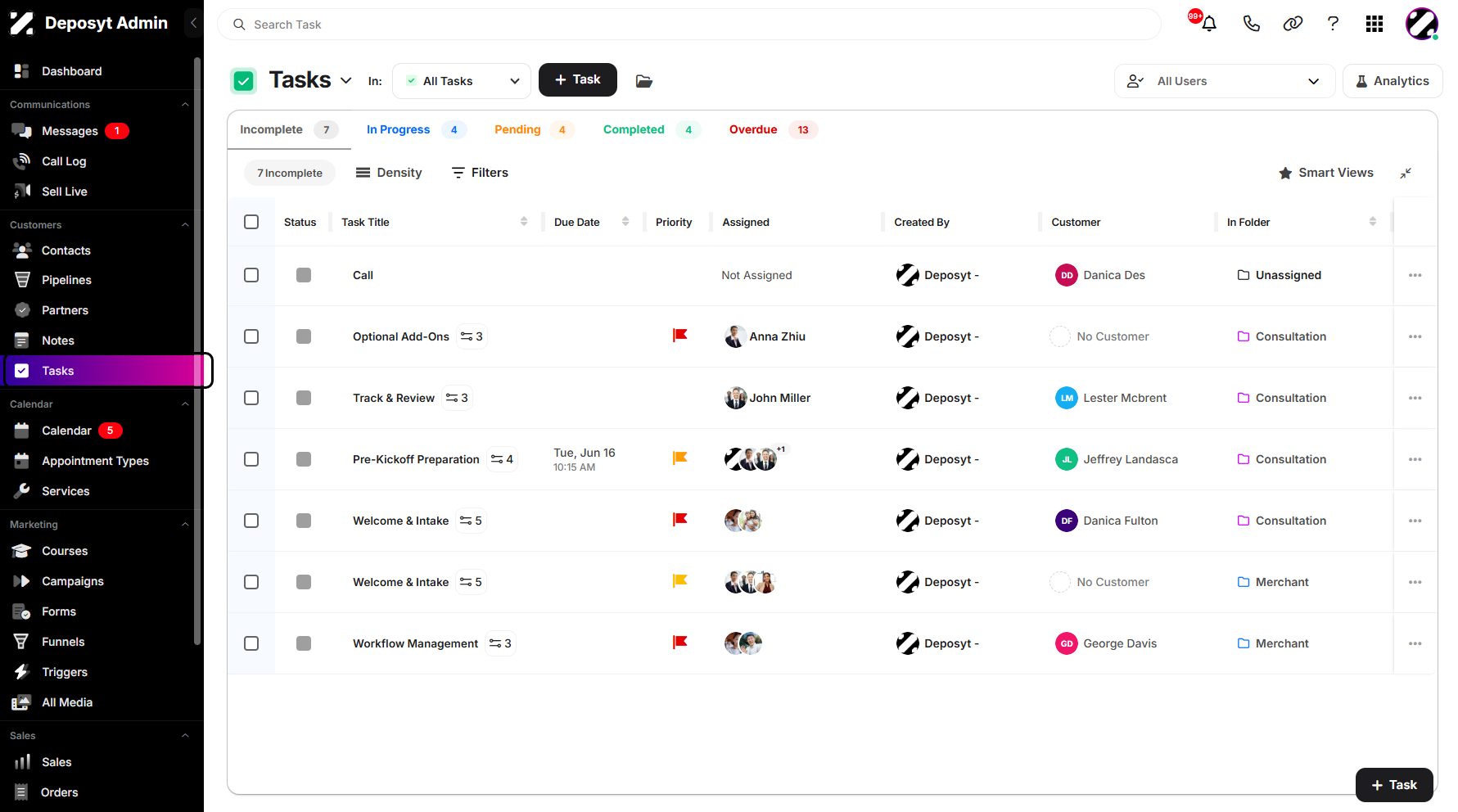 Step 1: On your Dashboard, navigate to the Tasks tab under the Customers section.