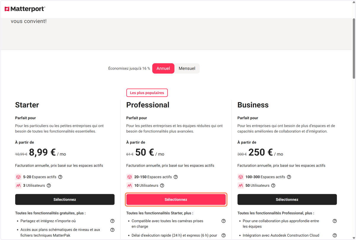 Sélectionnez ensuite la formule de compte que vous souhaitez souscrire