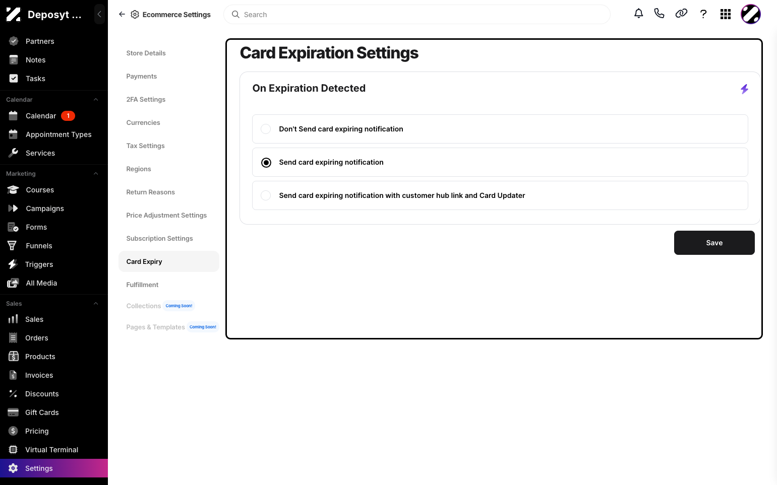 Step 4: You can now set card expiration settings. Choose Don't send notification, Send notification, or Send notification with Customer Hub link and Card Updater.