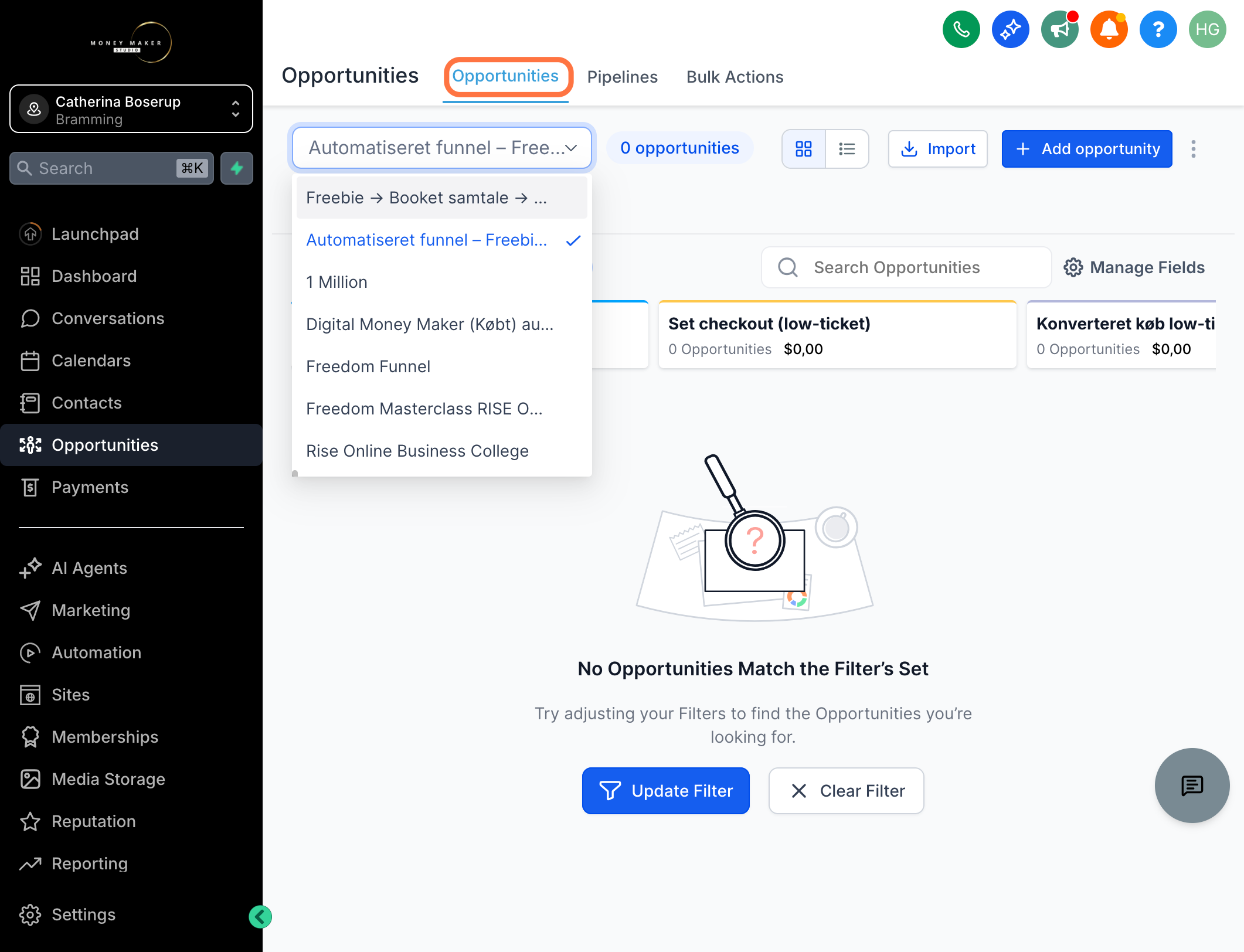 Gå til fanen "Opportunities" og vælg din pipeline fx "Freebie → Booket samtale → High ticket"