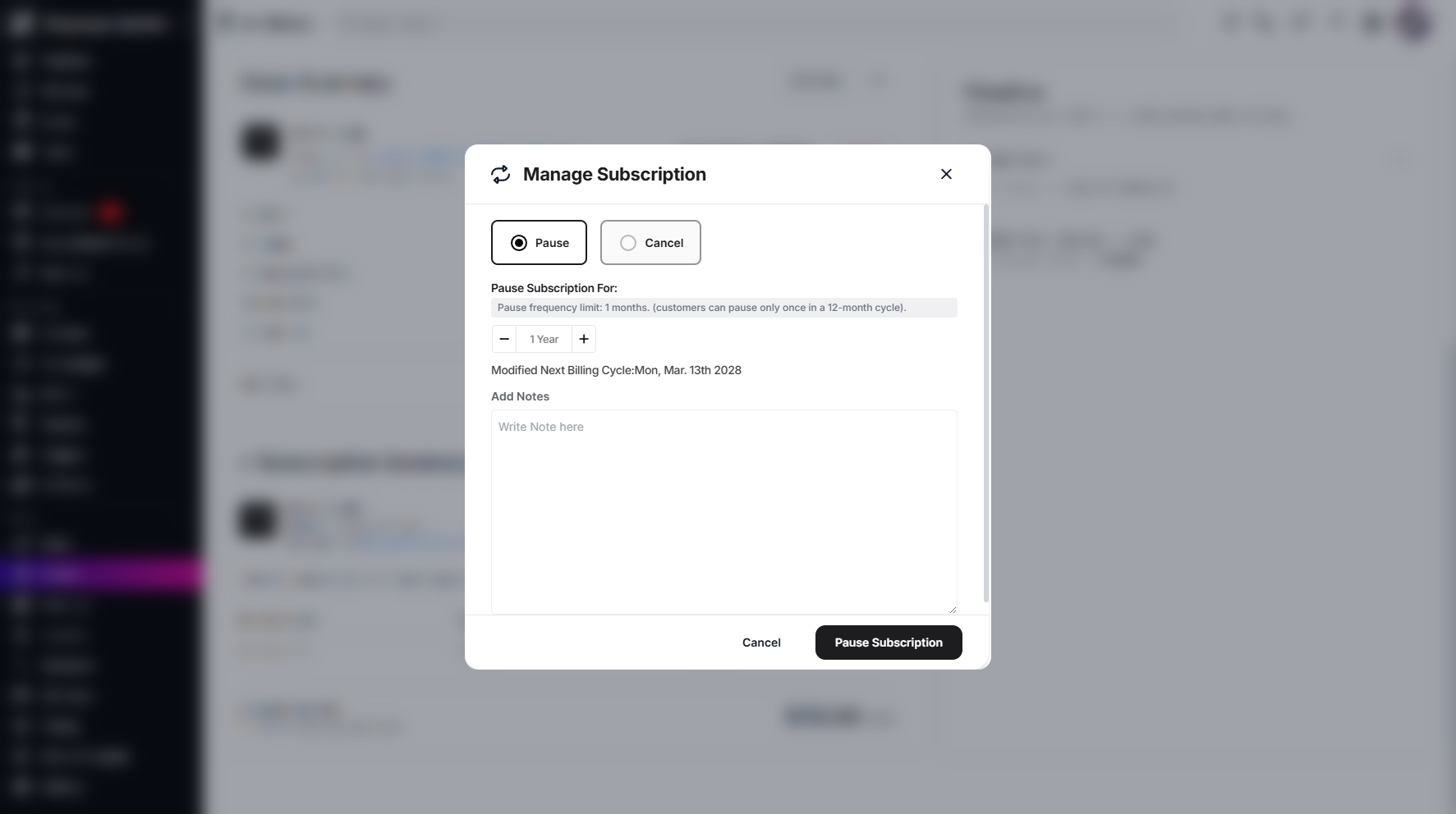 Step 7: To cancel the subscription, click the Cancel button next to the Pause button to proceed.