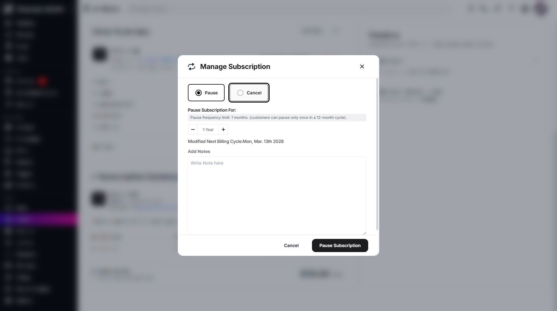 Step 7: To cancel the subscription, click the Cancel button next to the Pause button to proceed.