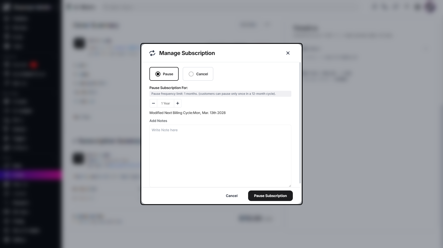 Step 6: A pop-up window will appear, allowing you to pause your subscription. You can set the duration in months or years by clicking the – / + icons. Note that customers can pause only once within a 12-month cycle.