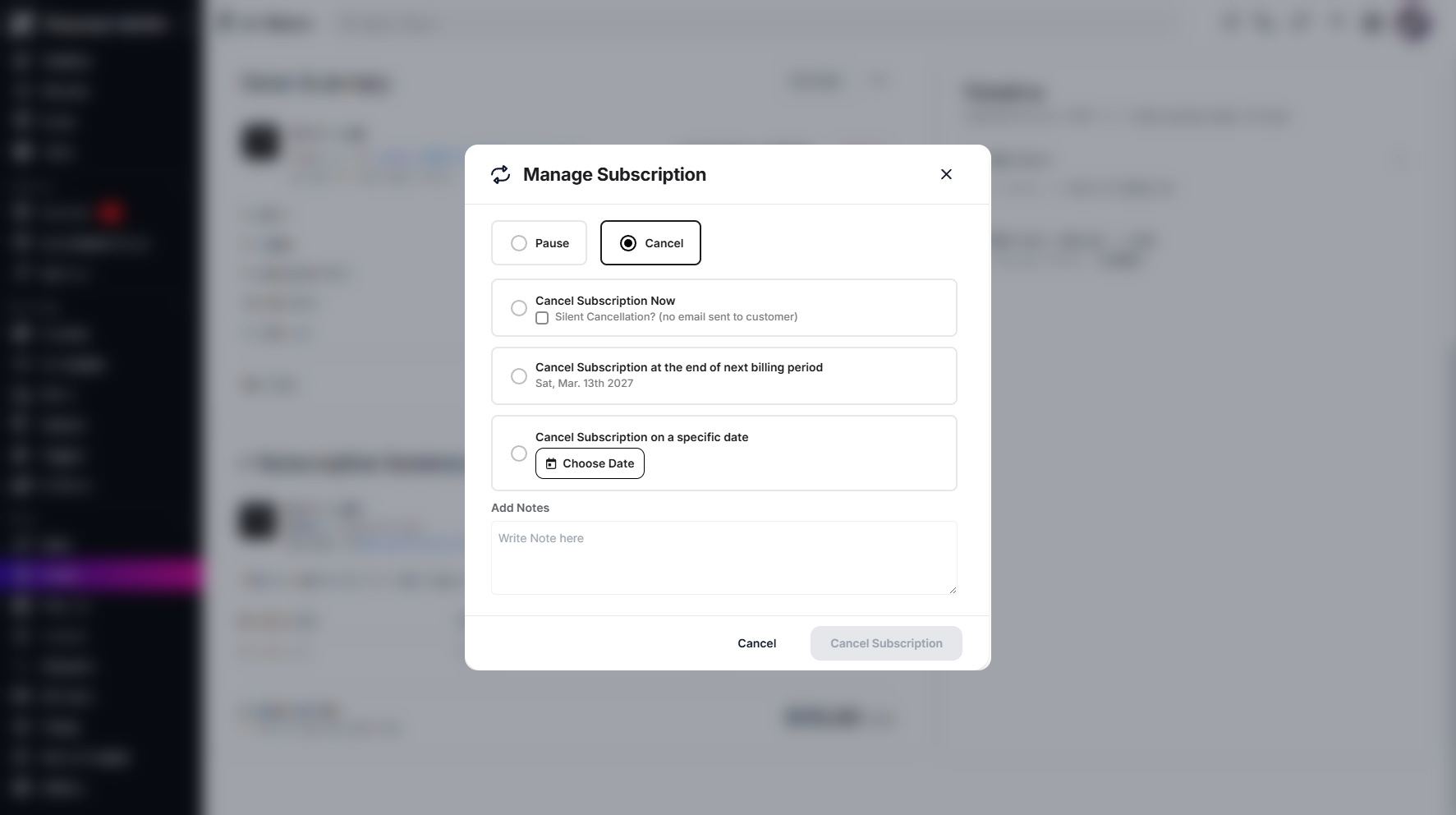 Step 8: It will display the available options to cancel your subscription, you can cancel immediately, at the next billing period, or on a specific date.