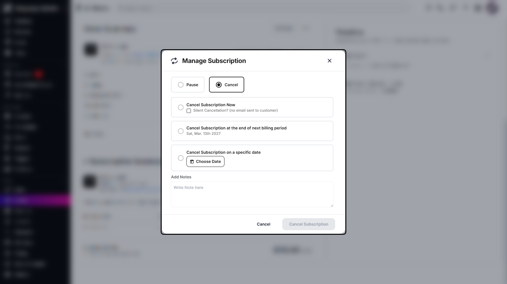 Step 8: It will display the available options to cancel your subscription, you can cancel immediately, at the next billing period, or on a specific date.