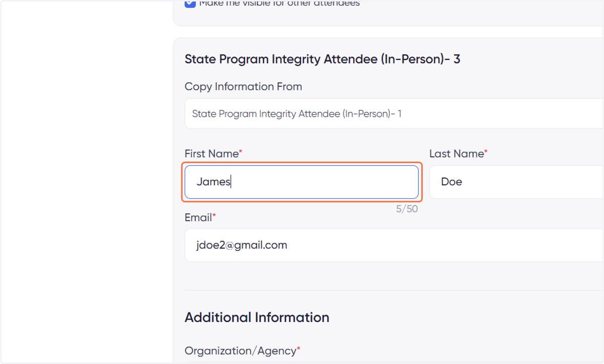 Edit the details that are different from the copied attendee