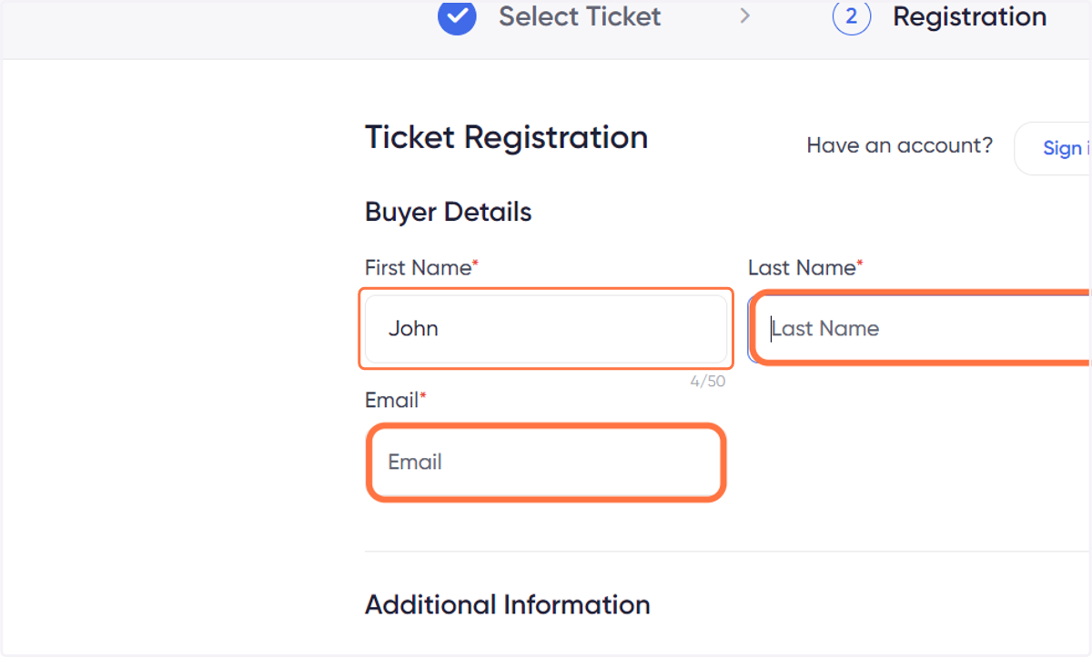 Input your (the buyers) information - this is NOT assigning a ticket to you!