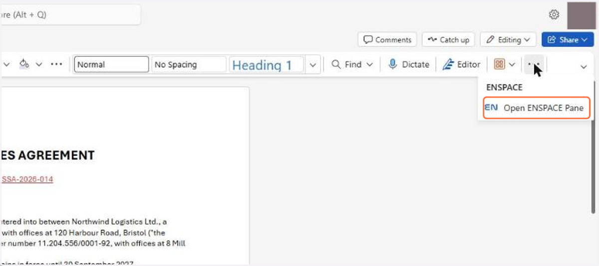In Word, with the document open, click the three dots at the end of the Home ribbon and, in the ENSPACE group, click Open ENSPACE Pane