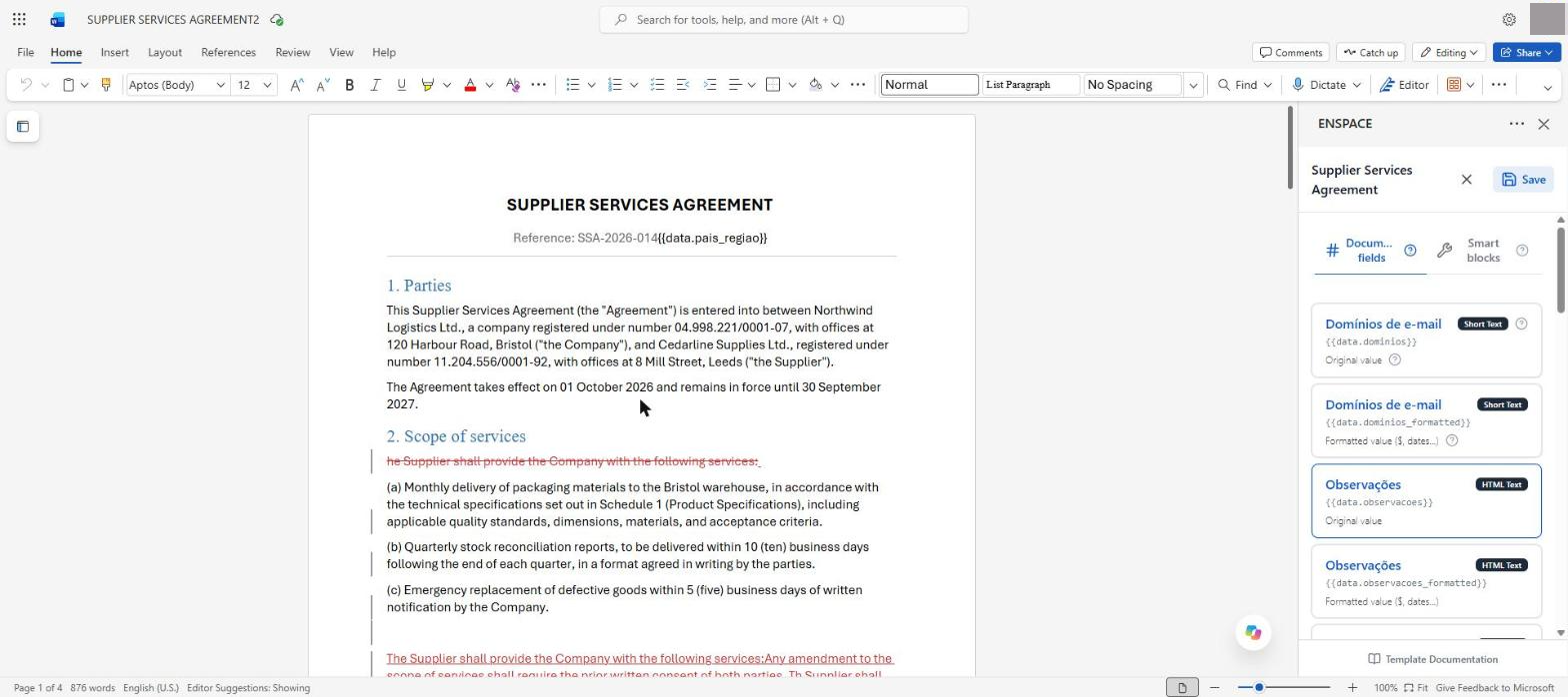 The template body enters the document, with the variables still as markers, and the template editor opens alongside
