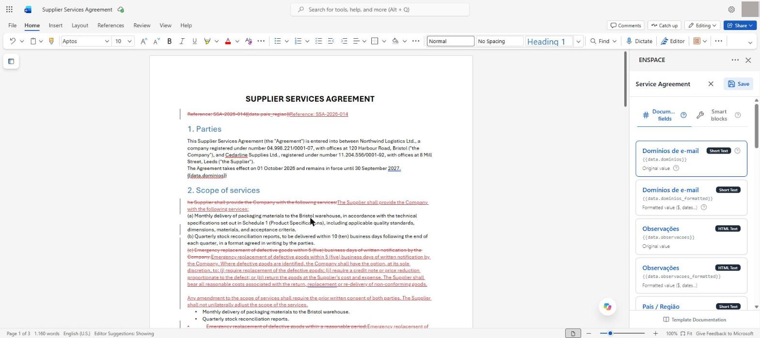 In Document fields, each form field becomes a card with the type and the variable. Place the cursor in Word where the value should appear and click the field to insert it