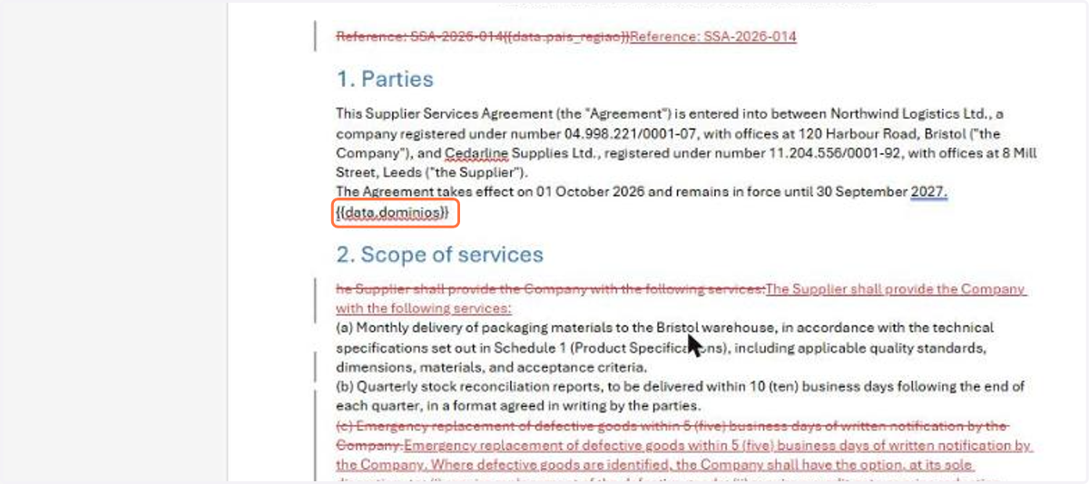 In Document fields, each form field becomes a card with the type and the variable. Place the cursor in Word where the value should appear and click the field to insert it
