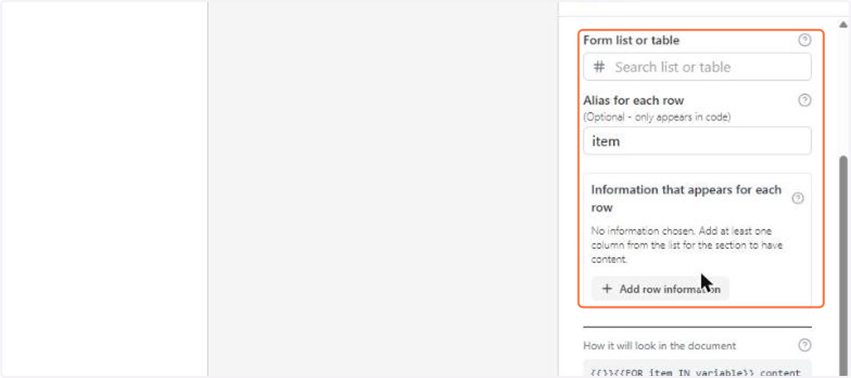 Repeat a section walks through a list or table in the form: choose the Form list or table, give each row an Alias and use Add row information to choose what appears in each repetition